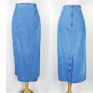 VTG 90s Denim Midi Skirt Waist 30"  Back Slit